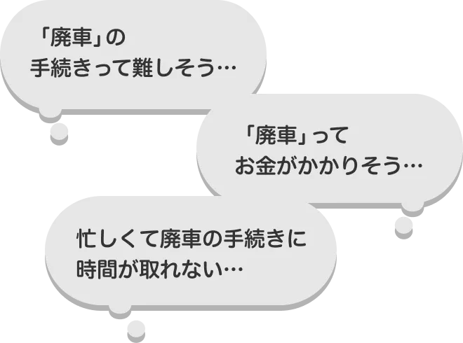 「廃車の手続きって難しそう」「廃車ってお金がかかりそう」「忙しくて廃車の手続きに時間が取れない」といったお悩みの例