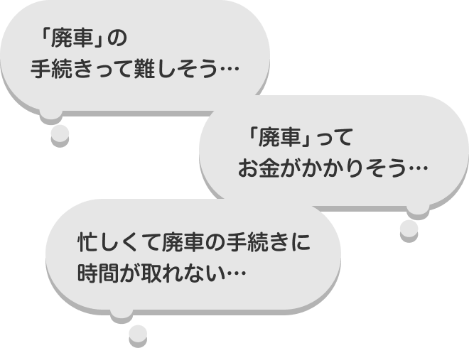 「廃車の手続きって難しそう」「廃車ってお金がかかりそう」「忙しくて廃車の手続きに時間が取れない」といったお悩みの例
